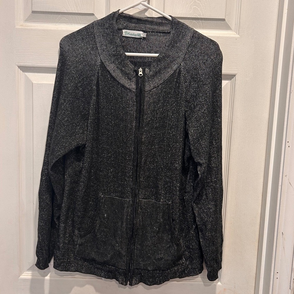 Lulu-B Womens Black White Marled Full Zip Mock Neck Cotton Sweater Large Natural
